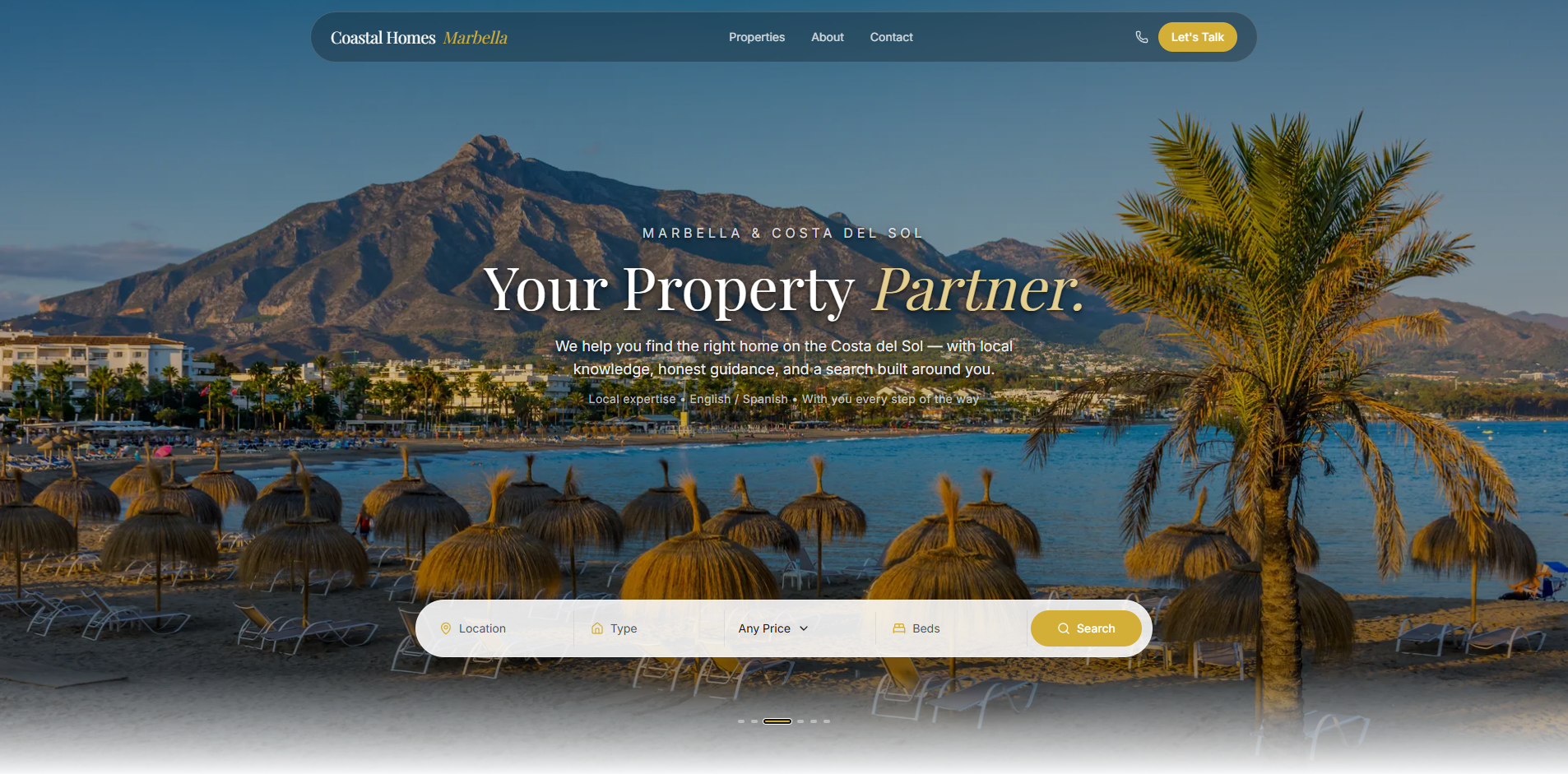 Coastal Homes Marbella homepage — luxury real estate search with Marbella mountain backdrop