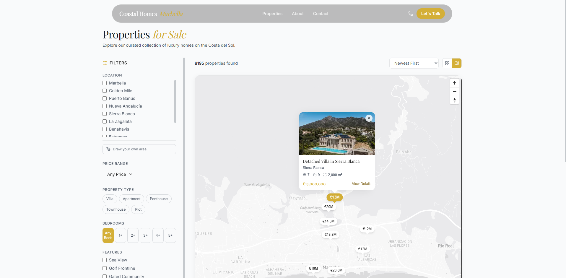 Interactive map view with property search filters and location pins across the Costa del Sol