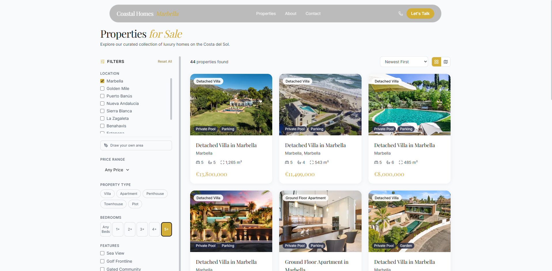 Property listings grid with filters — villas, apartments, and penthouses across Marbella locations