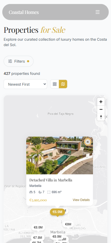 Mobile view — property listings with filters and results