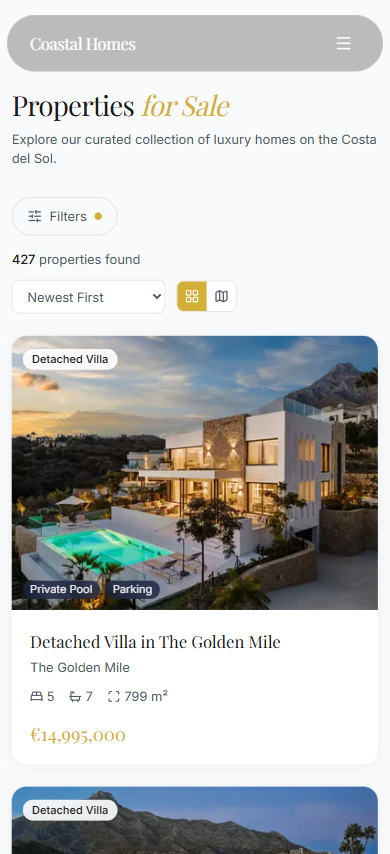 Mobile view — individual property detail with photos and specs
