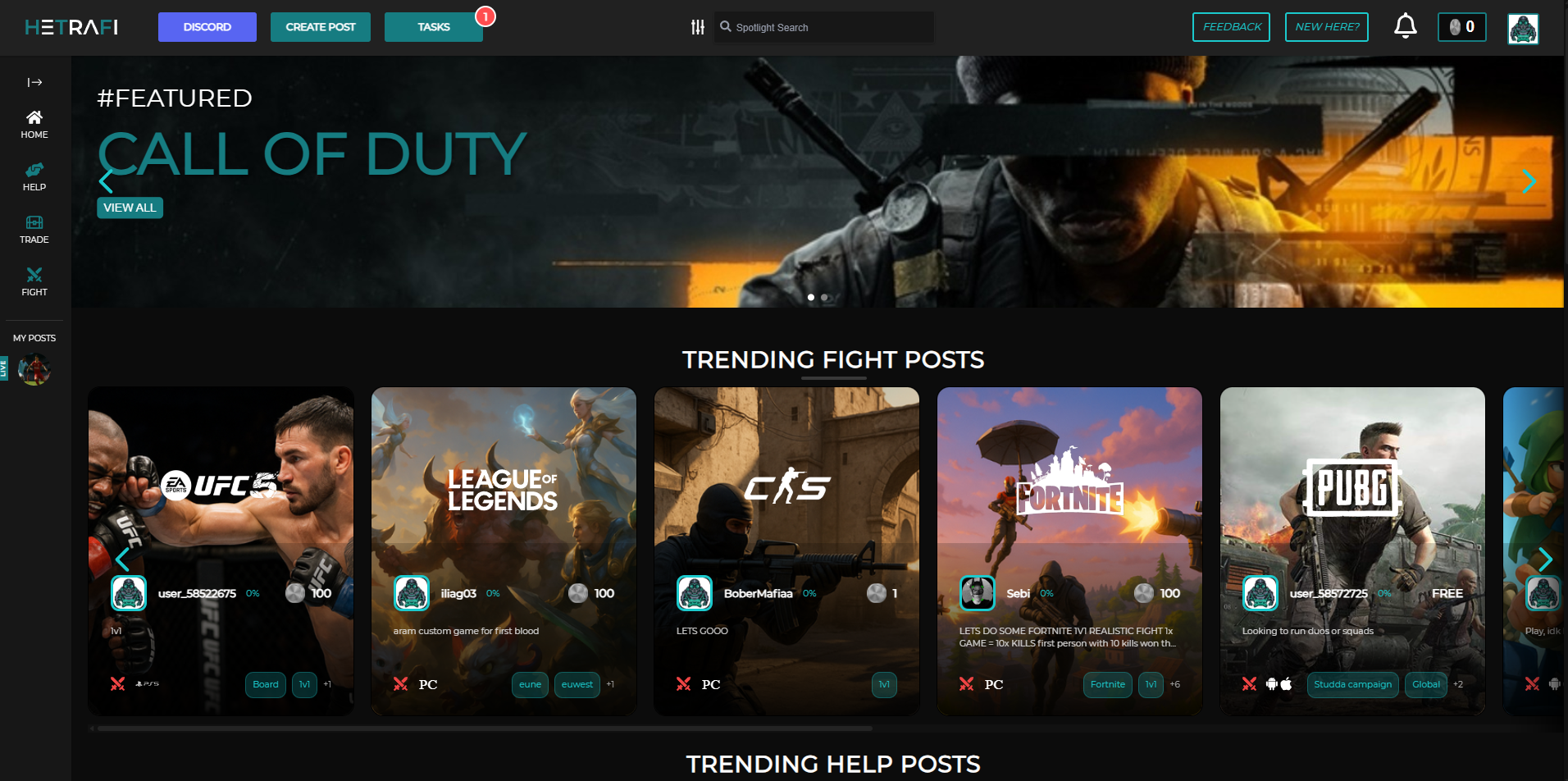 Hetrafi gaming marketplace homepage featuring trending posts and competitions