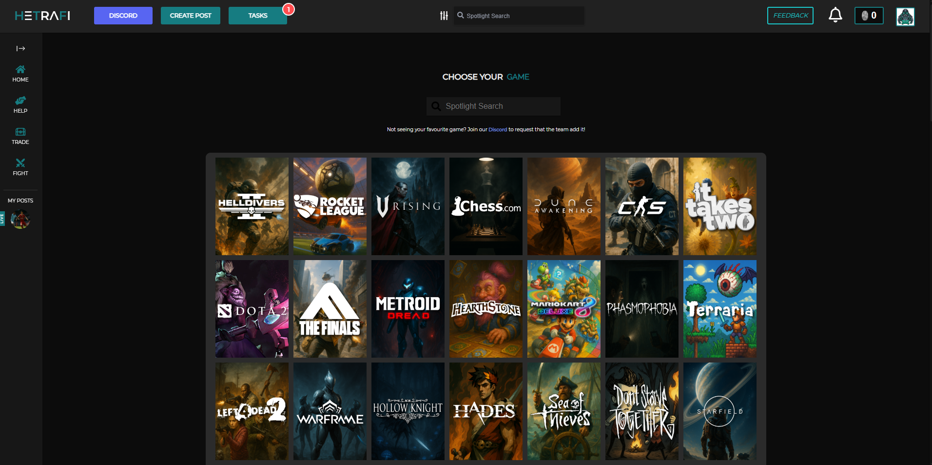 Hetrafi game selection interface with spotlight search