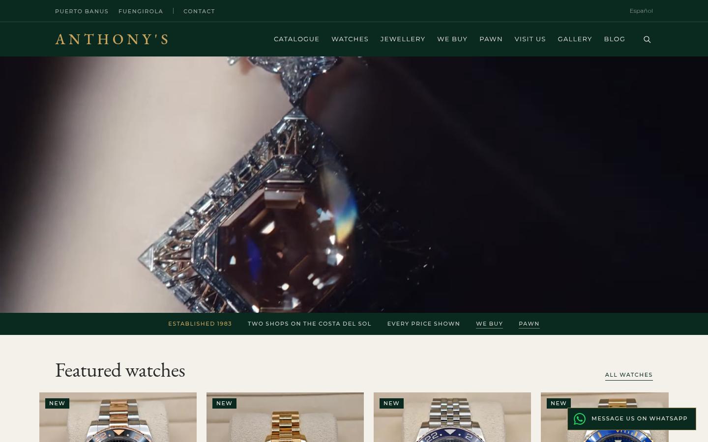 Anthony's homepage: the client's own film of a diamond pendant, with Established 1983, two shops on the Costa del Sol and every price shown beneath it