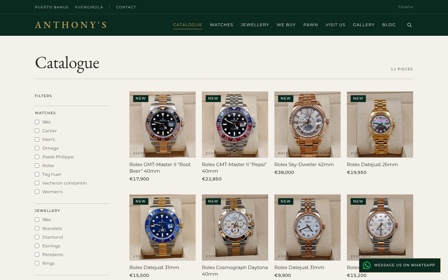 Anthony's catalogue page with filters for watch brands and jewellery types beside a grid of Rolex watches with prices
