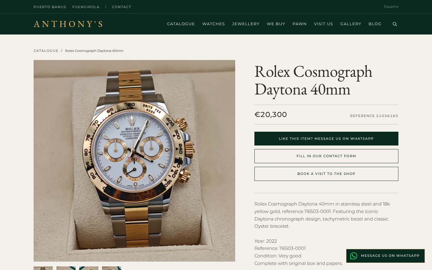 Anthony's item page for a Rolex Cosmograph Daytona with price, reference, a WhatsApp button, a contact form button and a book a visit button
