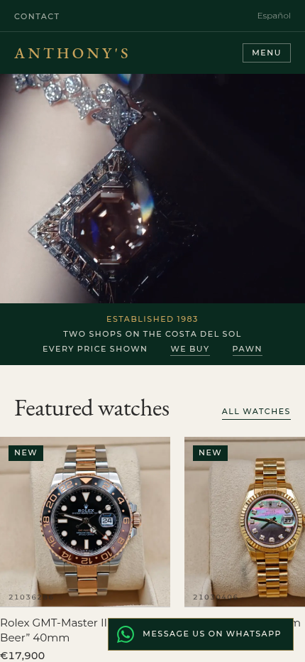 Mobile view of the Anthony's homepage with the film and the Established 1983 band