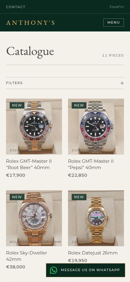 Mobile view of the Anthony's catalogue in a two-column grid with collapsible filters