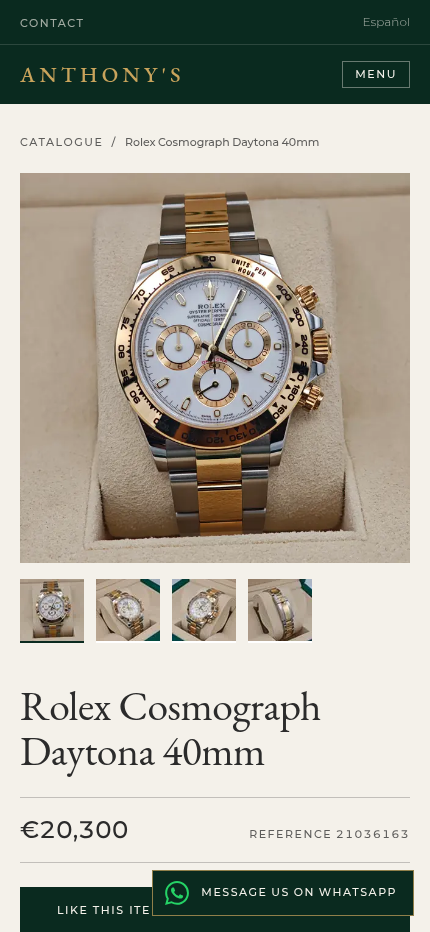 Mobile view of an Anthony's item page with photo gallery, price and reference