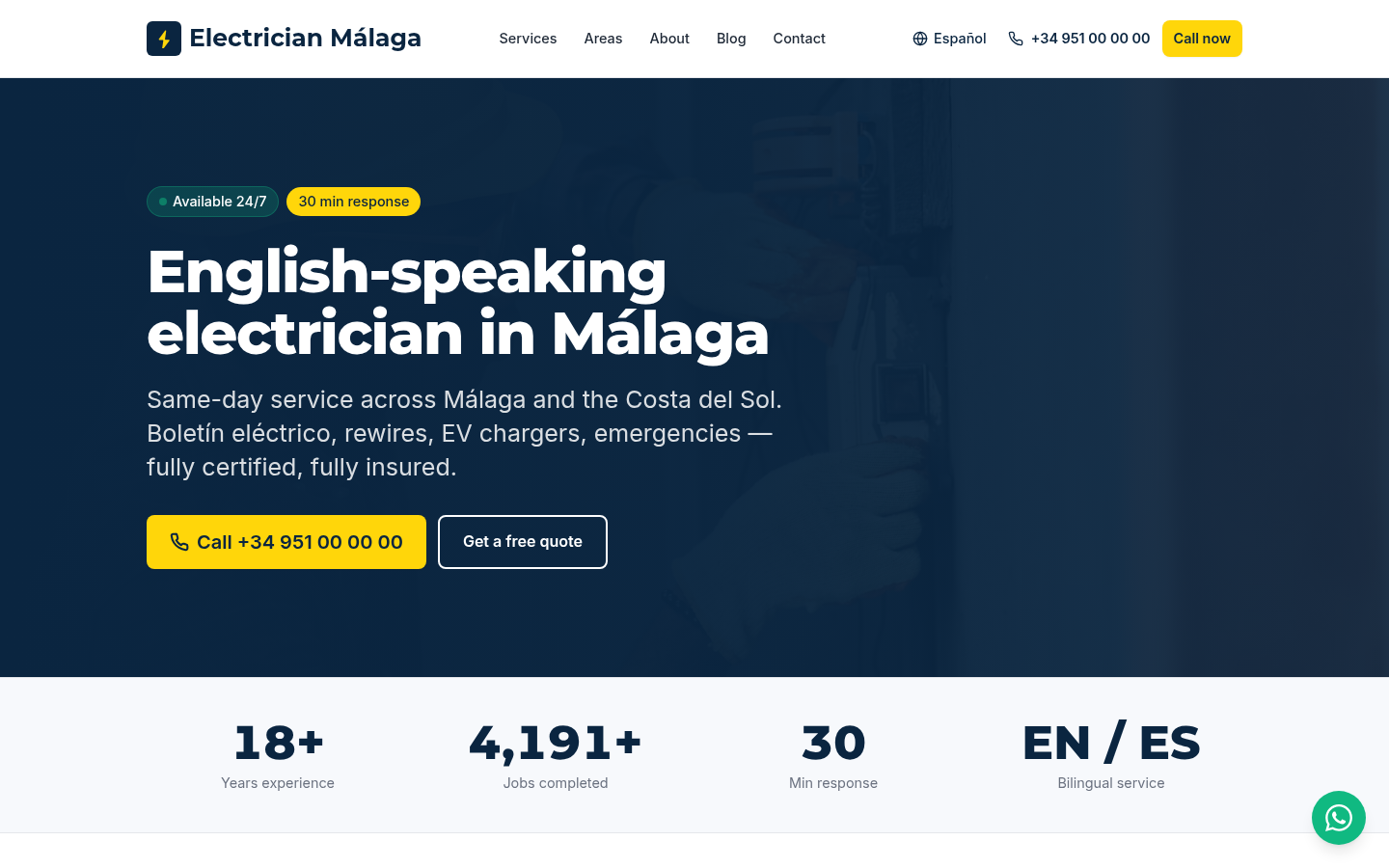 Electrician Málaga homepage: English-speaking electrician in Málaga, available 24/7, with a call button and a free quote button