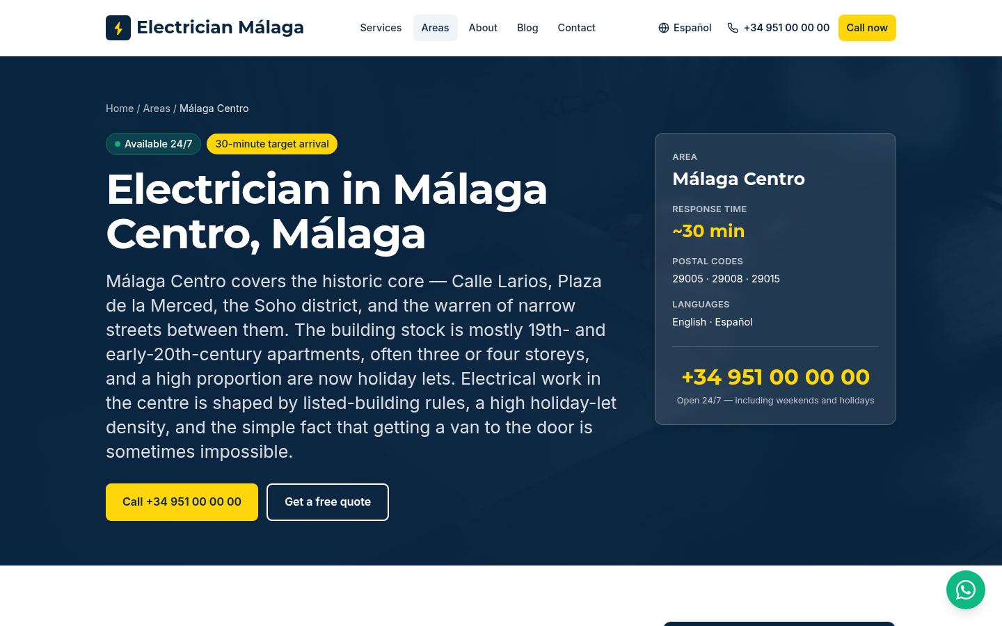 Electrician Málaga area page for Málaga Centro with response time, postal codes, languages and a phone number