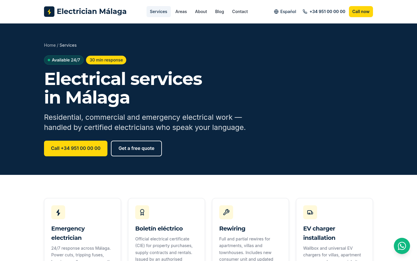Electrician Málaga services page listing emergency electrician, boletín eléctrico, rewiring and EV charger installation