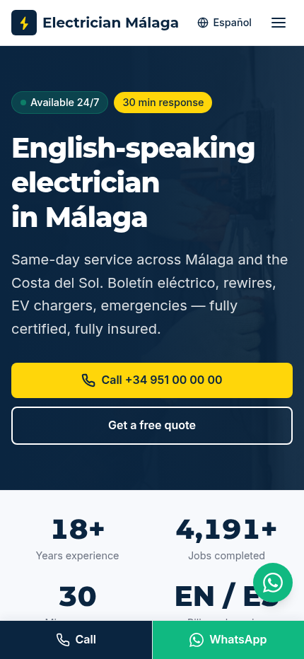 Mobile view of the Electrician Málaga homepage with sticky Call and WhatsApp bar