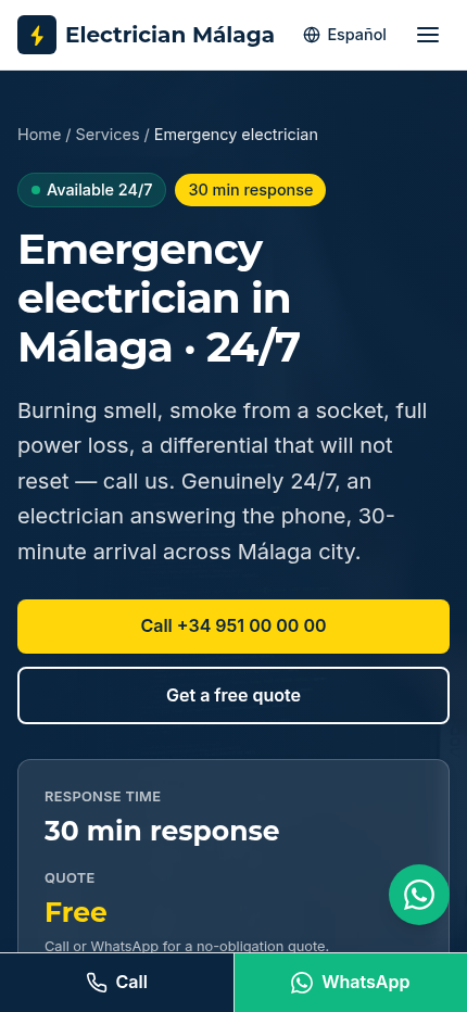 Mobile view of the 24/7 emergency electrician page