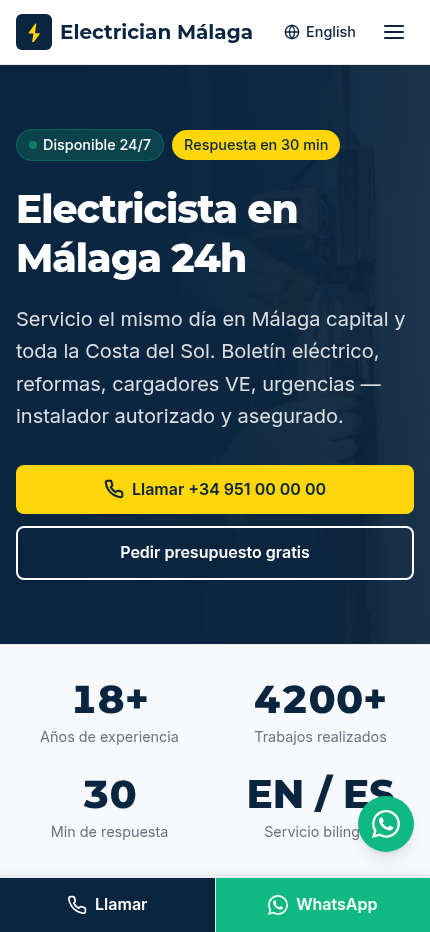 Mobile view of the Spanish-language homepage, Electricista en Málaga 24h