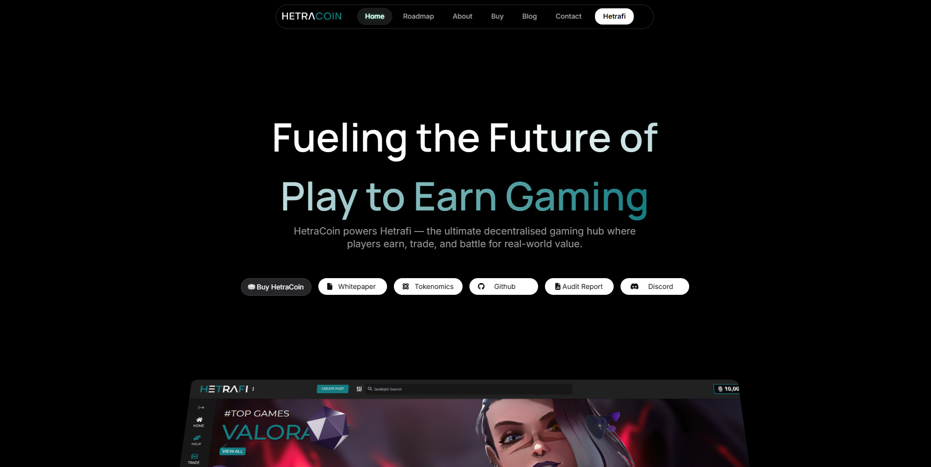 HetraCoin homepage — Play to Earn Gaming crypto platform