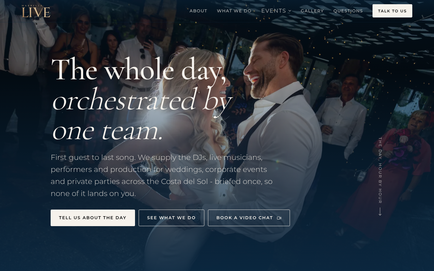 Marbella Live homepage: a couple dancing at a wedding under the headline The whole day, orchestrated by one team