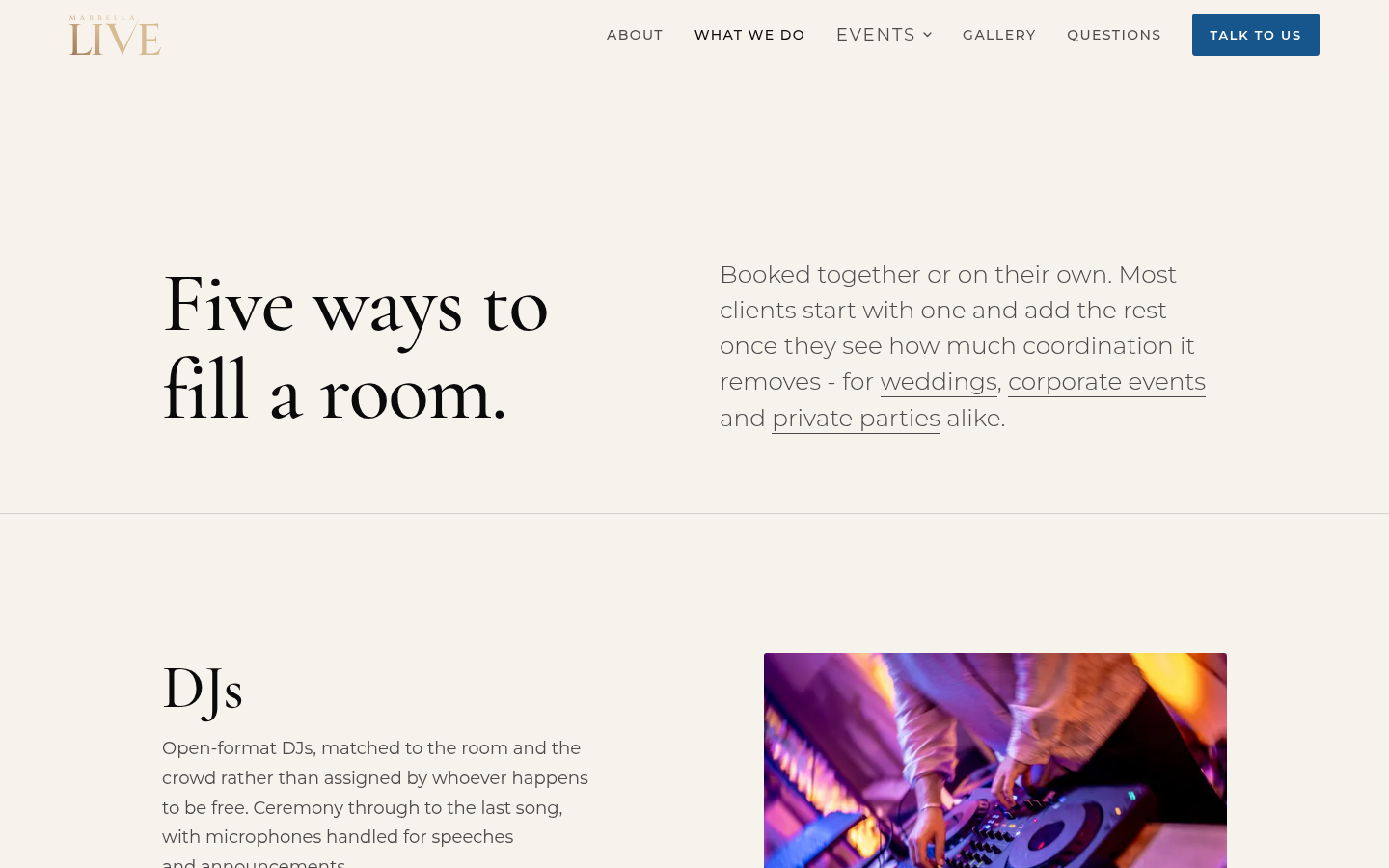 Marbella Live services page: Five ways to fill a room, listing DJs, live music, performers and production
