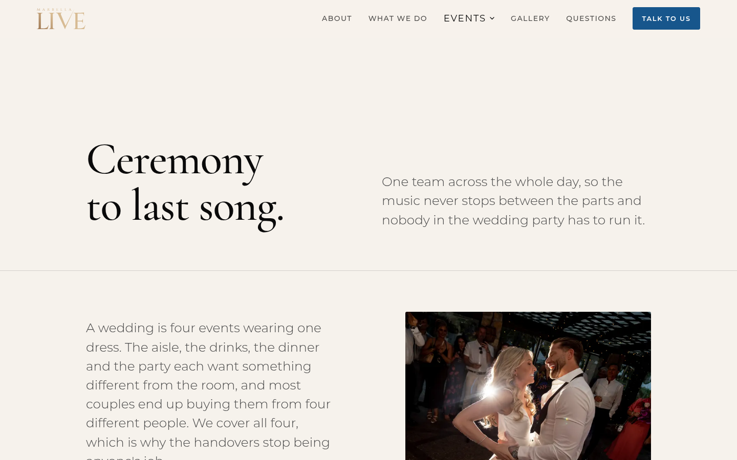 Marbella Live weddings page: Ceremony to last song, one team across the whole day