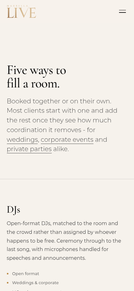 Mobile view of the Marbella Live services page