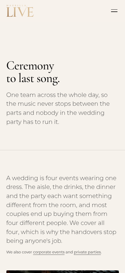 Mobile view of the Marbella Live weddings page