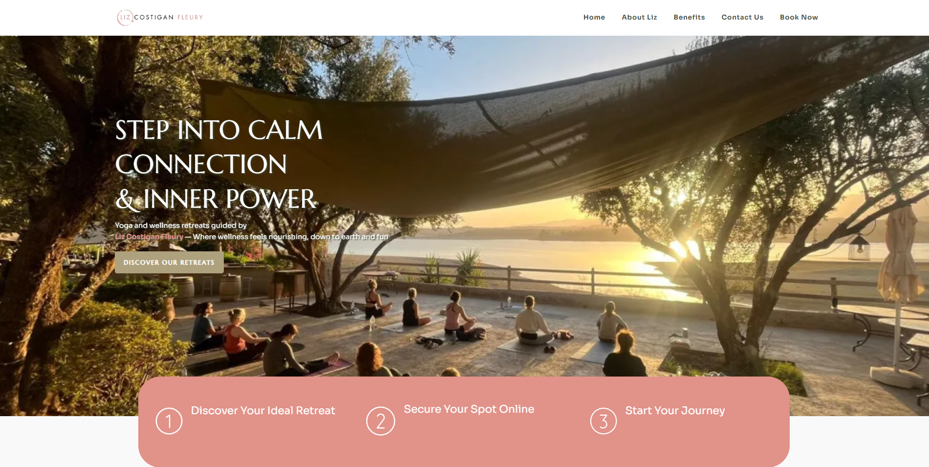 Positive Fitness yoga retreat homepage with outdoor meditation scene