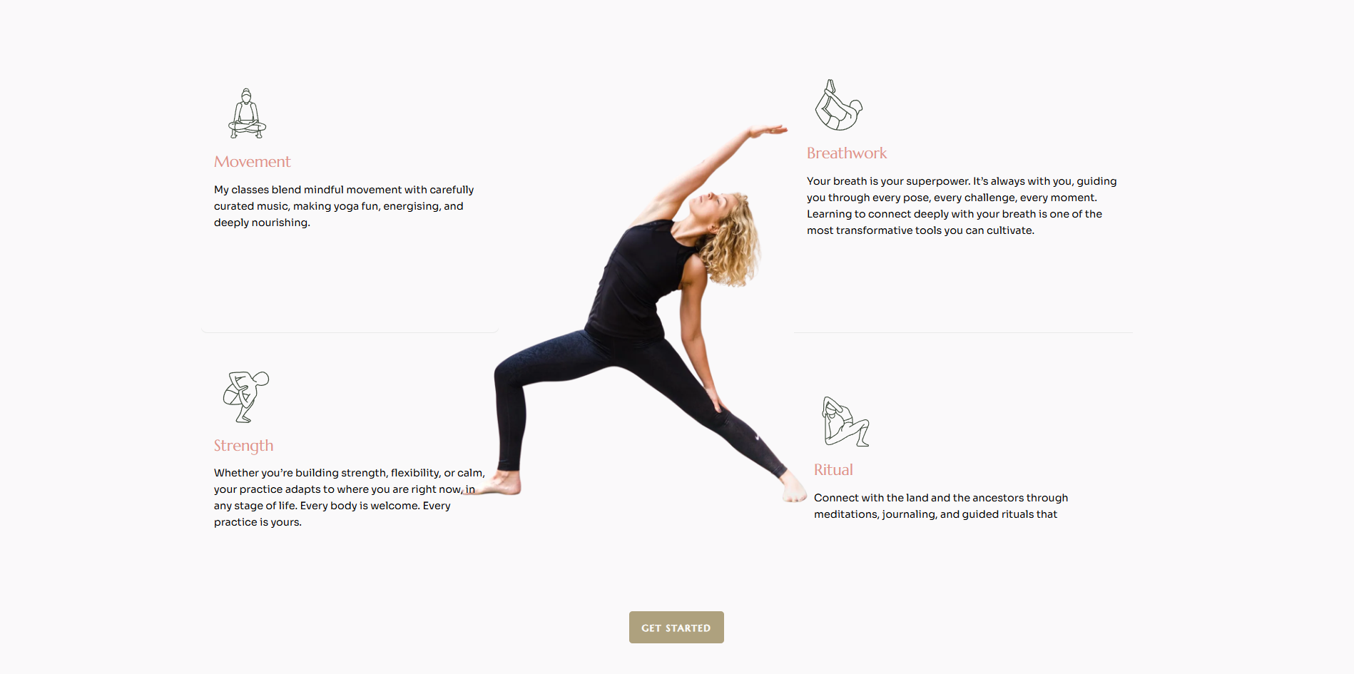 Positive Fitness website showing Movement, Breathwork, Strength, and Ritual pillars